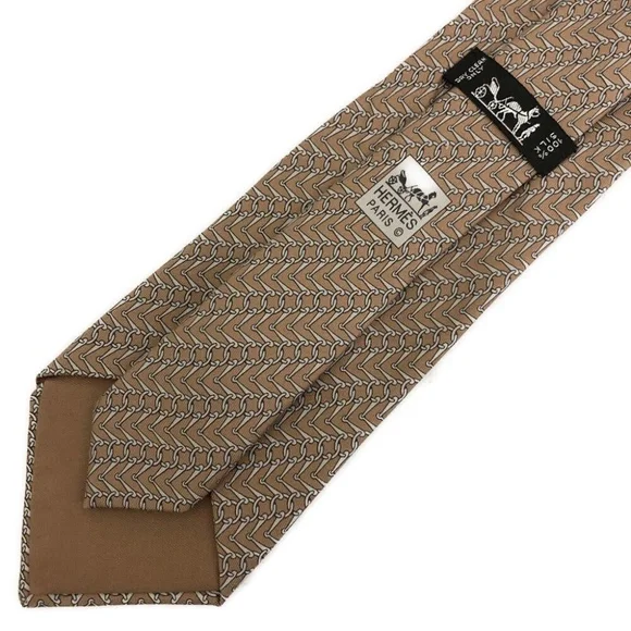 HERMÈS 100% SILK VINTAGE TIE tan and gray CHAIN